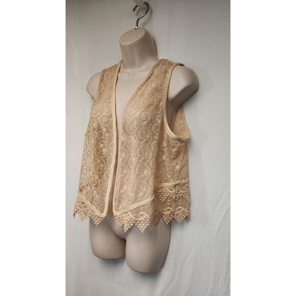 CHICO'S The Unforgettable Years Lace Charlotte Detailed Frappe Tan Vest L/XL - Picture 3 of 5